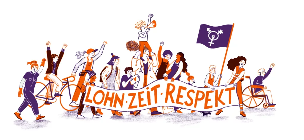 Das Frauenstreik-Motiv 2023: Lohn, Zeit, Respekt!
